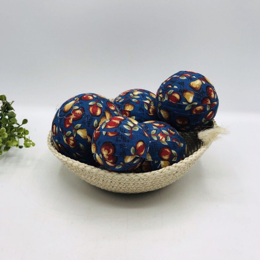 Small Rope Bowl Cream with Vintage Fruit Fabric Balls Handmade 7x7x2.5 Inches